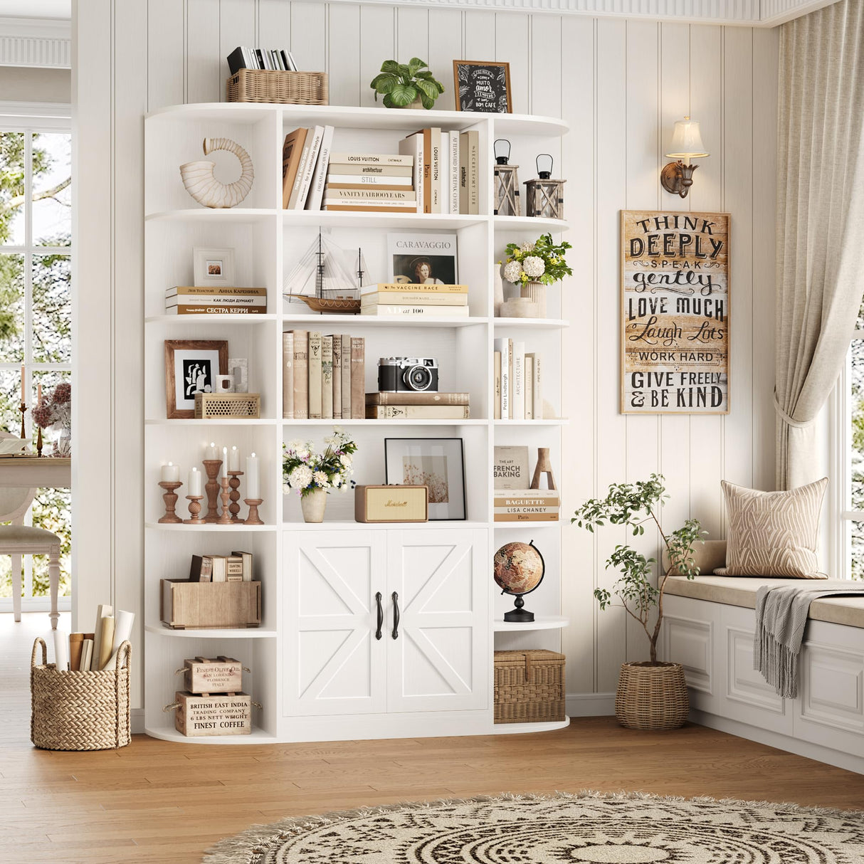 HOSTACK 75" Tall Book Shelf and Bookcase, 6 Tier Bookshelf with Storage, 47" Wide Bookcase with Doors, Freestanding Wood Display Shelves with Book Storage Cabinet for Home Office, Living Room, White HOSTACK