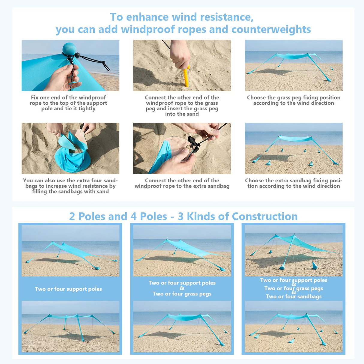 WILDPATH Beach Tent Sun Shelter 10 x 10FT, UPF 50+ Protection Beach Shade Canopy with 8 Sandbags, Eazy Up Portable Canopy Tent for Beach, Camping, Fishing, Backyard WILDPATH