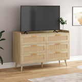 FUSOU 6 Drawer Dresser for Bedroom, Rattan Modern Dresser with Power Outlet, Wide Desktop Chest of Drawers Anti-tip, Oak Wood Storage Closet Dressers for TV, Living Room, Hallway, Entryway, Oak FUSOU