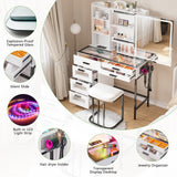 HENBC Vanity Desk with Sliding Mirror and Glass Desktop, LED Vanity Mirror with RGB Lights Desk and Chair, Dressers Vanity Table Set with Charging Station/Makeup Organizer/6 Drawers (White) HNEBC