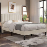 VECELO Full Size Bed Frame with Upholstered Headboard, Velvet Platform Bedframe Mattress Foundation, Strong Wood Slat Support, No Box Spring Needed,Velvet Beige VECELO