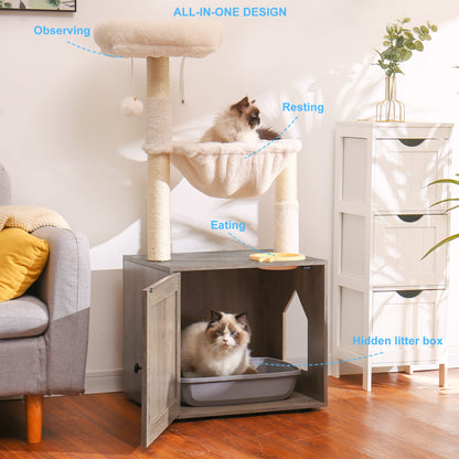 Hey-brother Cat Tree with Litter Box Enclosure, All-in-one Cat Tower for Indoor Cats with Large Hammock, Bed, Food Station, Scratching Posts, Modern Style Pet Furniture, Rustic Gray MPJ100SG