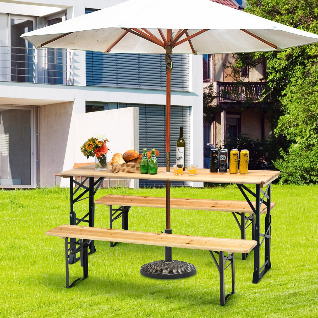 Goplus Folding Picnic Beer Table, Outdoor Camping Table with Umbrella Hole, Adjustable Heights and Wood Top, Portable Picnic Table for Patio Garden Party Backyard, No Assembly Goplus