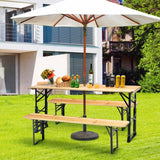 Goplus Folding Picnic Beer Table, Outdoor Camping Table with Umbrella Hole, Adjustable Heights and Wood Top, Portable Picnic Table for Patio Garden Party Backyard, No Assembly Goplus
