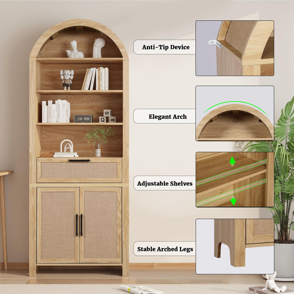 79" Tall Arched Bookcase with Storage, Mid Century Modern 6-Tier Cabinet with Door and Drawer, Arched Bookshelf with Open Display Shelf for Office Living Room (Natural, 79inch-Doors) Janmer Home