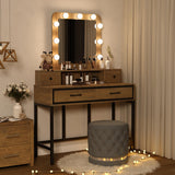 FansaFurn Vanity Desk with Mirror and Lights, Makeup Vanity Desk with 3 Color Dimmable Lighted Hollywood Mirror, Brown Makeup Table with 4 Drawers, Large Dressing Table for Women Girls FansaFurn