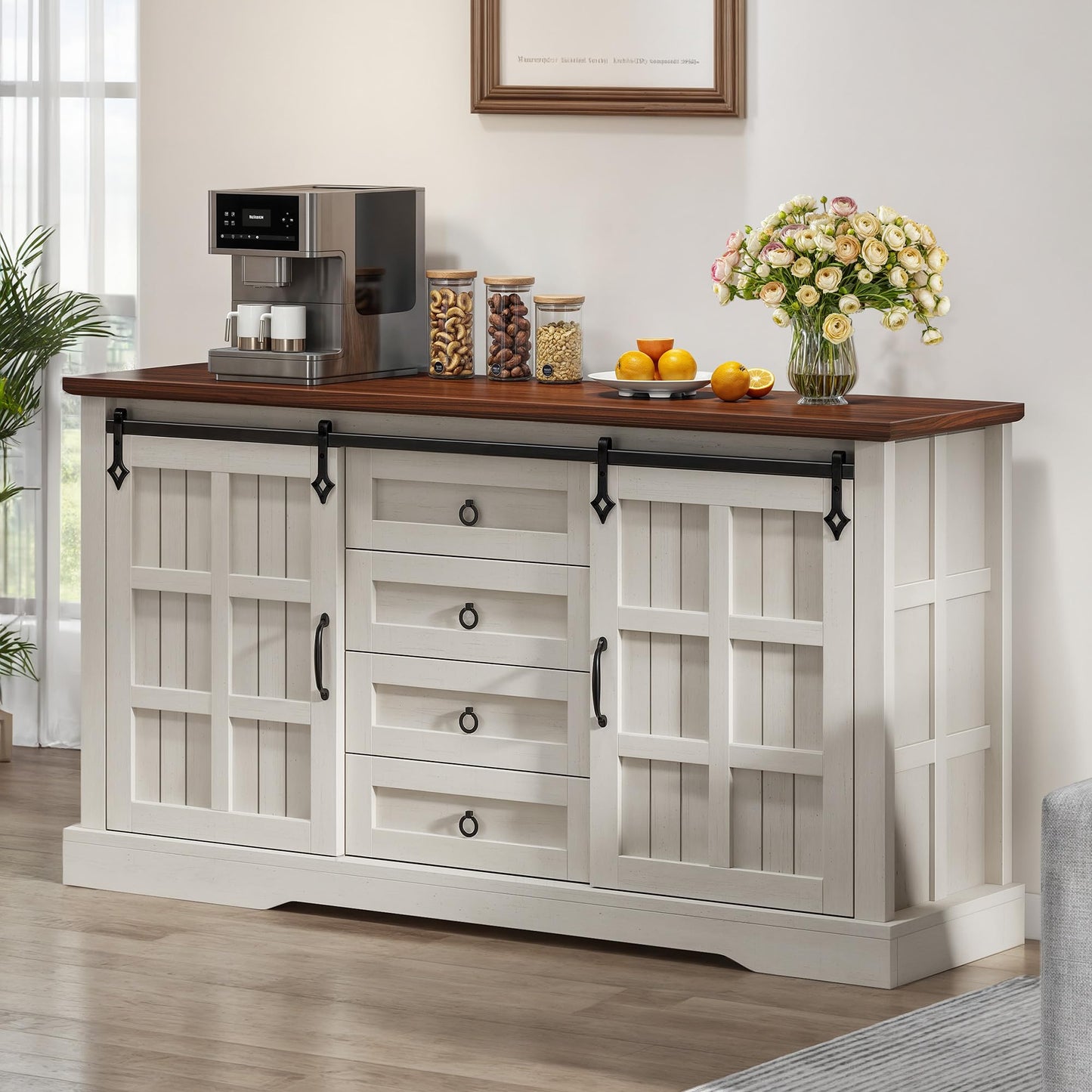 YITAHOME 59" Farmhouse Buffet Cabinet with Storage, Large Sideboard w/Sliding Barn Doors and 4 Drawers, Kitchen Cabinet for Living Room, White Oak