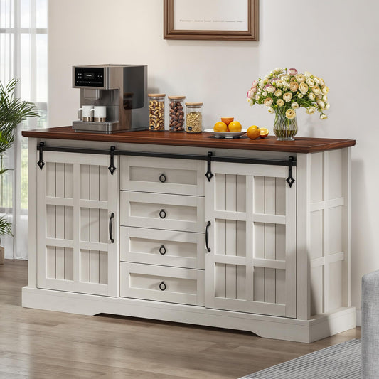 YITAHOME 59" Farmhouse Buffet Cabinet with Storage, Large Sideboard w/Sliding Barn Doors and 4 Drawers, Kitchen Cabinet for Living Room, White Oak