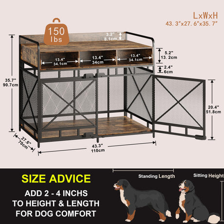 Fulhope Dog Crate Furniture,Wooden Dog Crate End Table,43 Inch Dog Kennel with Drawers,Heavy Duty Dog Crate,Decorative Pet Crate Dog Cage for Indoor 43.3" L x 27.6" W x 35.7" H (Rustic Brown) Fulhope