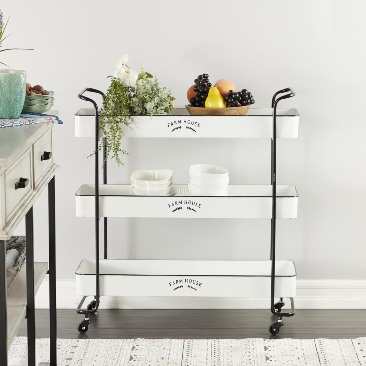 Deco 79 Metal Kitchen Rolling 3 Shelves Storage Cart with Black Accents and Farm House Design, 32" x 12" x 35", White Deco 79