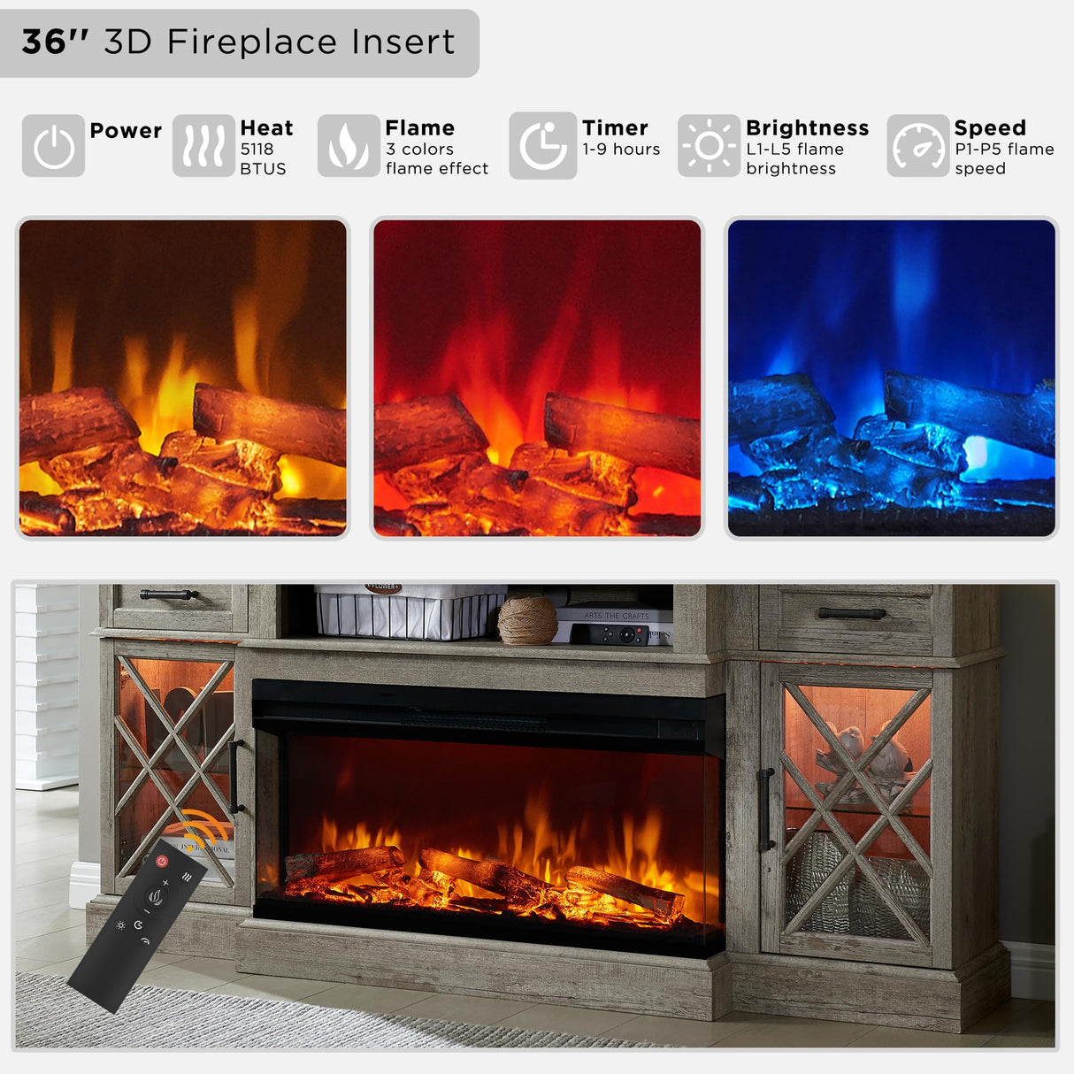 OKD 3-Sided Glass Farmhouse Fireplace TV Stand for TVs up to 80'', Highboy Entertainment Center with Glass Door Storage Cabinet, 70'' Large TV Stands with 36'' Electric Fireplace, Light Rustic Oak OKD