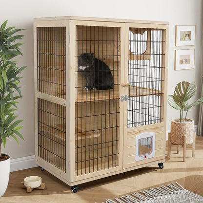 PANTAZO Wooden Cat House Large Space Cat Cage with Scratching Post and Lockable Wheels Double Layer Cat House with Escape Door Outdoor/Indoor… - WoodArtSupply