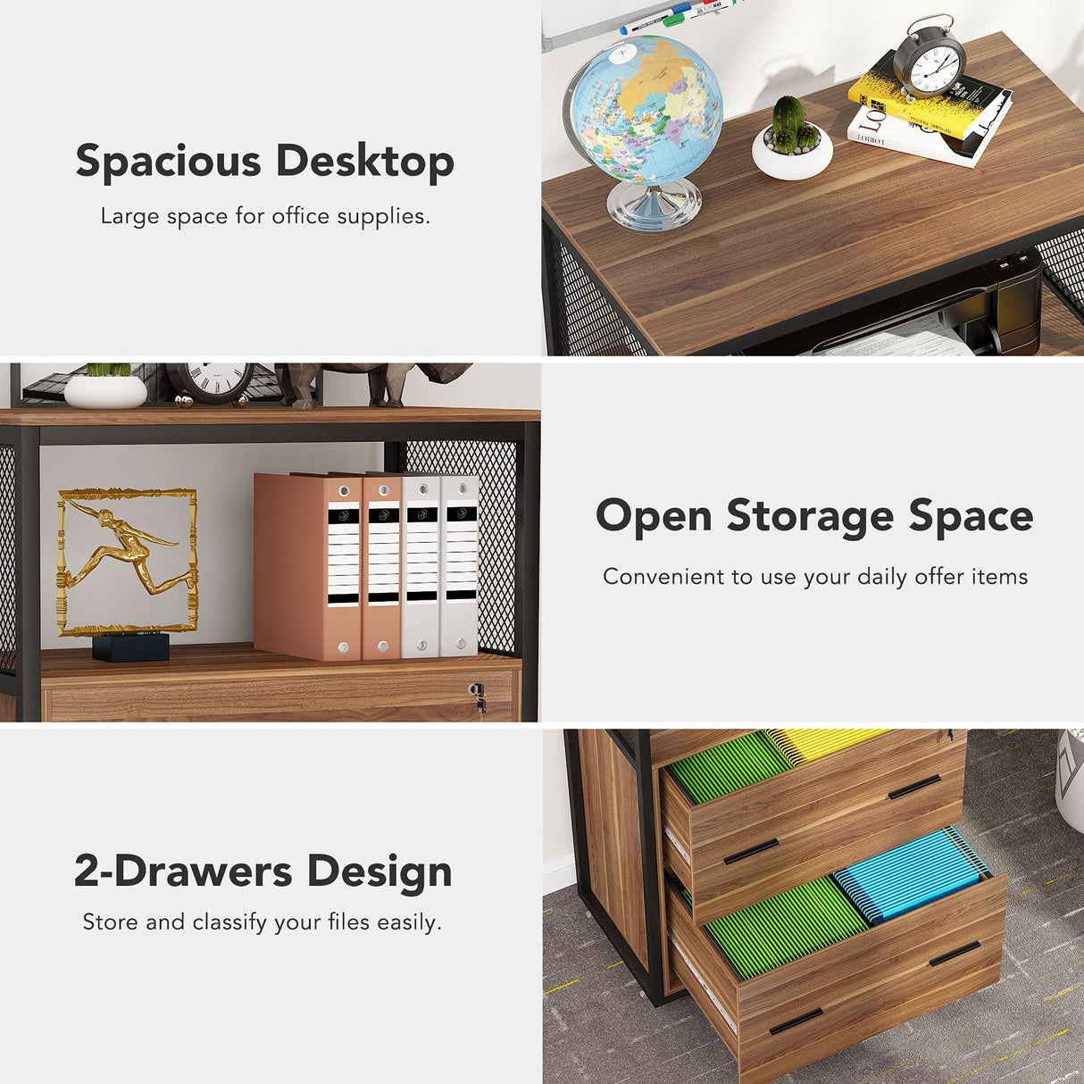 Tribesigns 2 Drawer Lateral File Cabinet with Lock, Letter/Legal / A4 Size, Large Rustic Filing Cabinet Printer Stand with Metal Wire Open Storage Shelves for Home Office (Walnut) Tribesigns