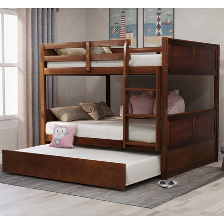 MERITLINE Walnut Full Over Full Bunk Bed with Twin Trundle for Kids and Teens MERITLINE