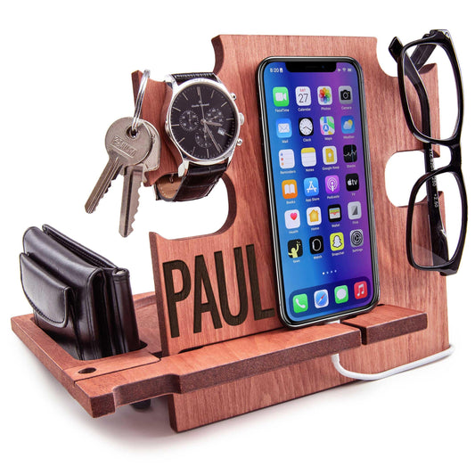 GRETAOTO Personalized Wood Phone Docking Station Gift for Men Bedside Nightstand Charging Station Organizer Mens Accessories Phone Stand Anniversary Birthday Gifts for Dad Him Husband - WoodArtSupply