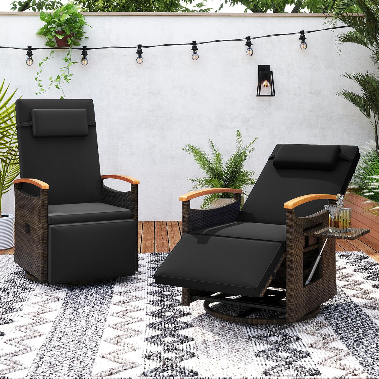 Tangkula Patio Rattan 360 Degree Swivel Recliner Chair, Wicker Lounge Chair w/Adjustable Backrest & Footrest, Cushioned Push Back Reclining Seat w/Flip Side Table for Porch, Yard, Lawn (1, Black) Tangkula