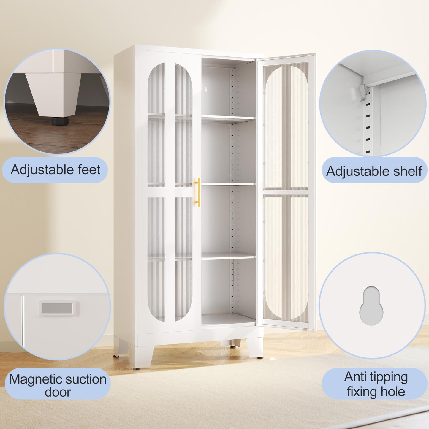 Erosoei Versatile Metal Kitchen Pantry Cabinet with Acrylic Glass Doors and Adjustable Shelves 61.02”H - WoodArtSupply