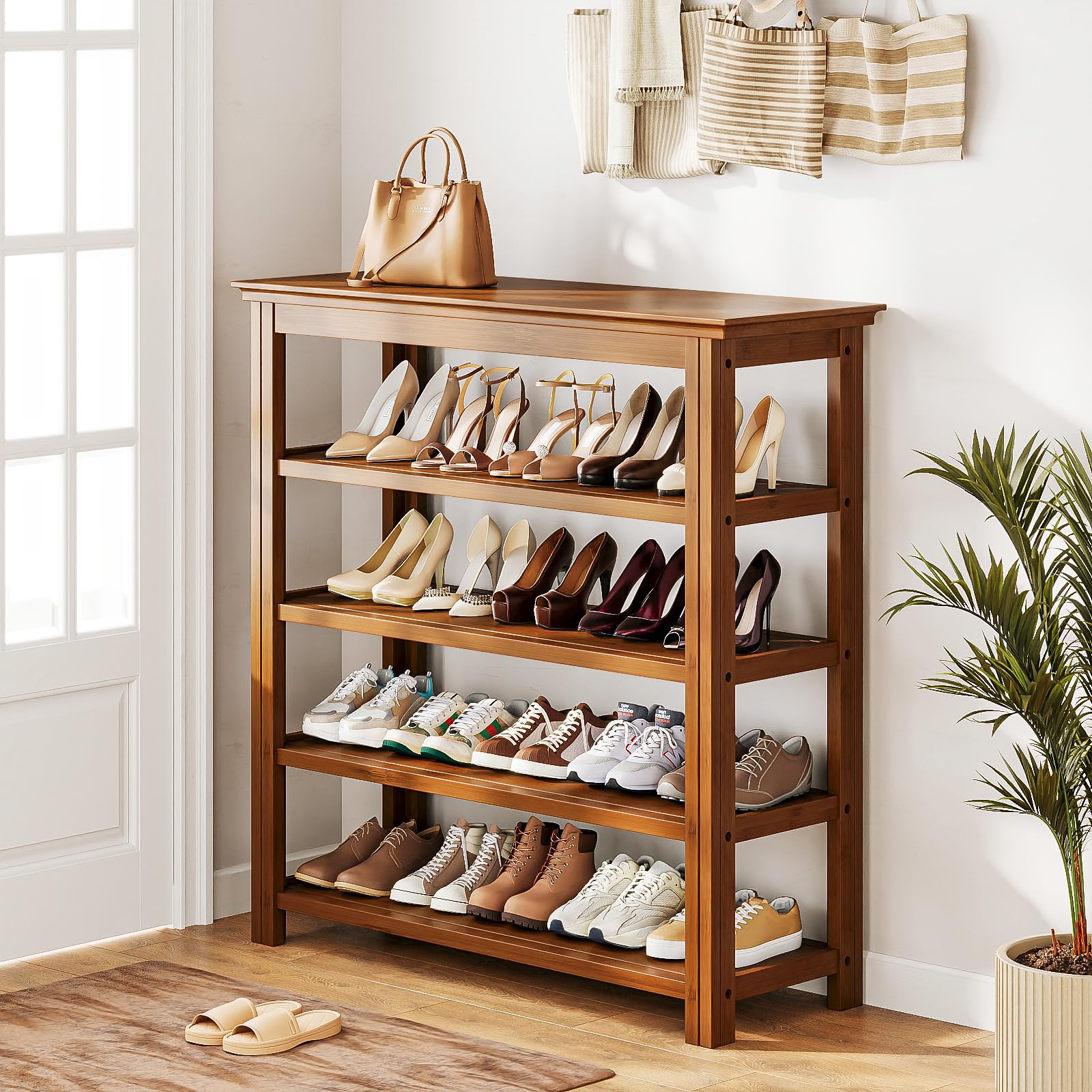 Bamworld Shoe Rack 5 Tier Wooden Storage Benches Wood Free Standing Shoe Shelf for Entryway Hallway (Brown,39.4") - WoodArtSupply