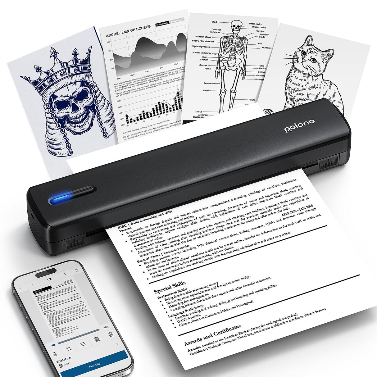 POLONO Portable Printer Wireless for Travel, D810 Bluetooth Thermal Printer Support for 8.5"x11" US Letter, Inkless Printer Compatible with iOS, Android, Laptop for Office, Car and Home, Black POLONO