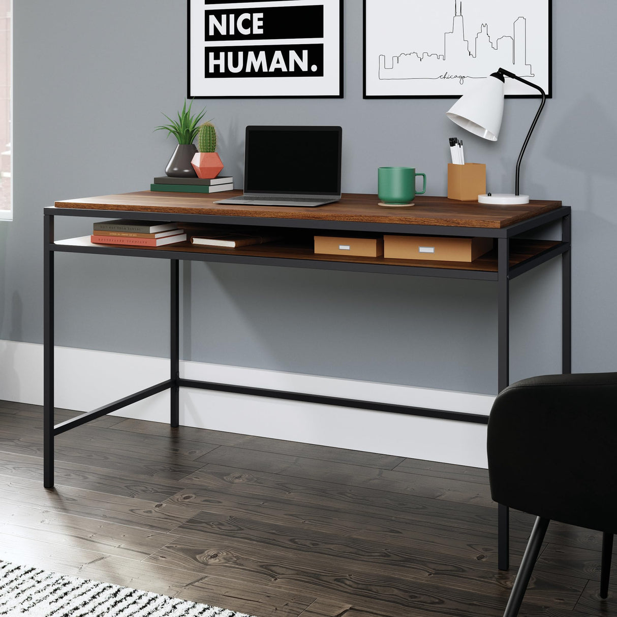 Sauder Nova Loft Writing Desk with Shelf, L: 48.98" x W: 24.96" x H: 29.53", Grand Walnut Sauder