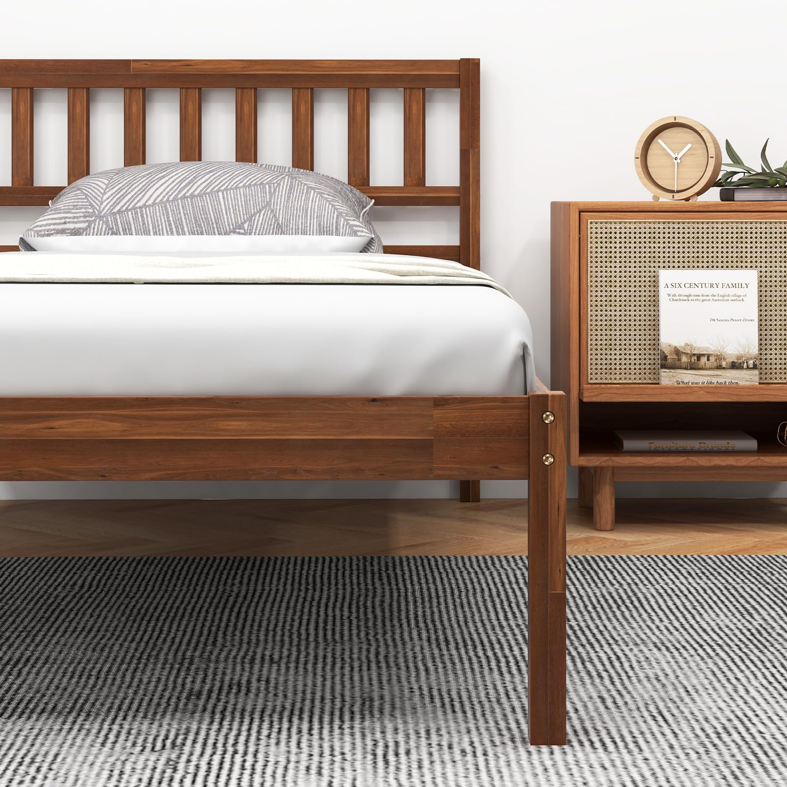 Giantex Wood Twin Bed Frame with Headboard, Mid Century Platform Bed with Wood Slat Support, Solid Wood Foundation, 12 Inch Height for Under Bed Storage, Easy Assemble, Walnut - WoodArtSupply