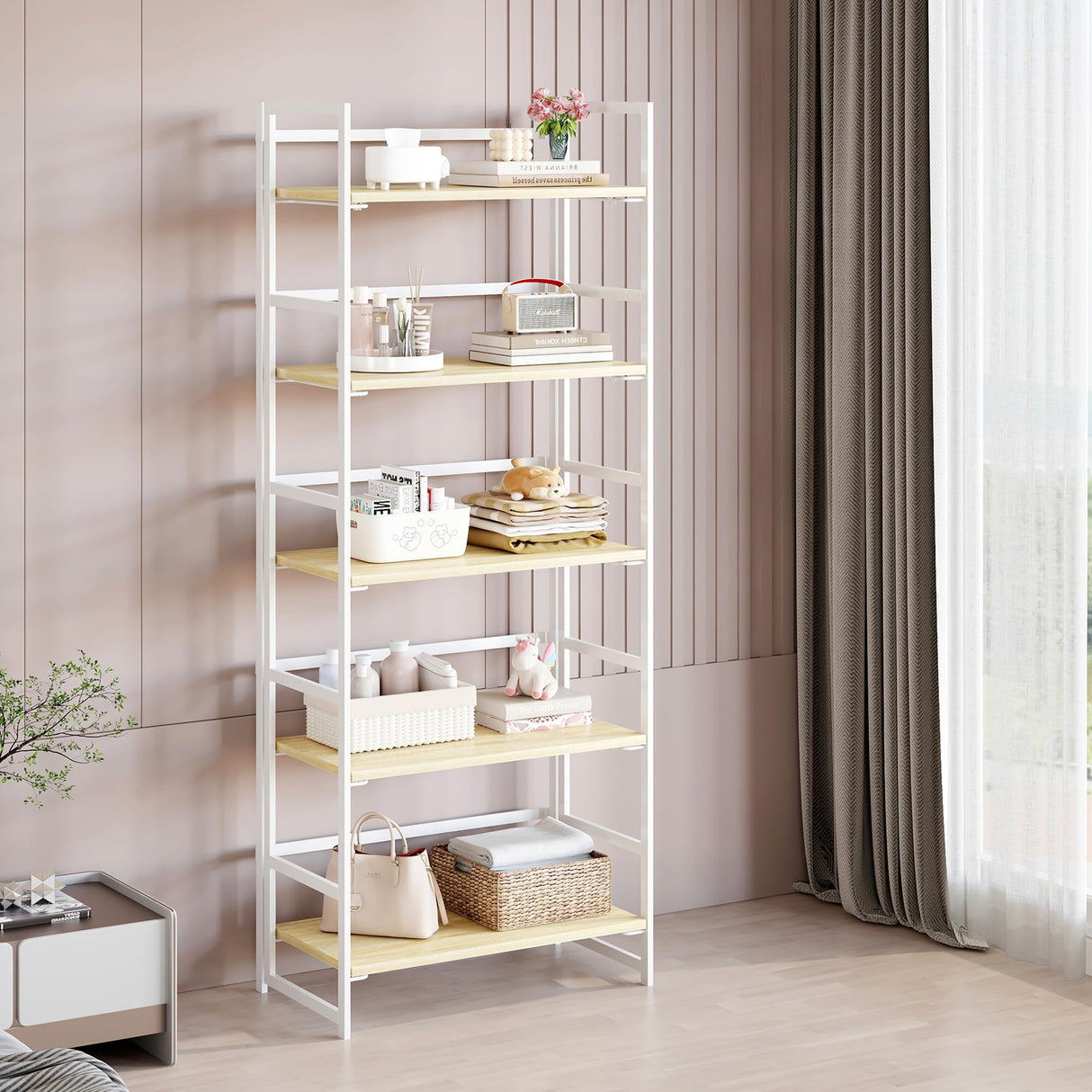 BHG Vintage Multifunctional Folding Bookshelf, No-Assembly Plant Stand Storage Rack Shelves for Home Office (White, 5-Tier) BHG