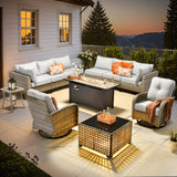 Outdoor Sectional Patio Furniture Set with Fire Pit Table and Swivel Rocking Chairs,11 Pieces Wicker Conversation Sets L Shaped Couch Out Door Sofa Outside Furniture for Garden Deck Yard,Grey POUUIN