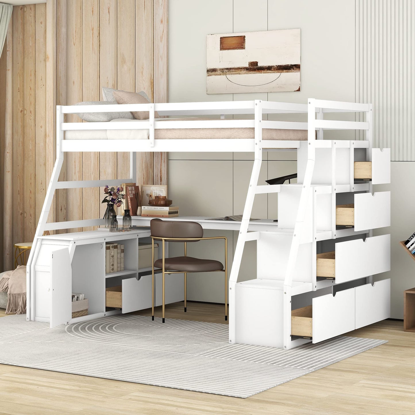 Harper & Bright Designs Twin Loft Bed with Stairs, Desk, and Storage – Solid Wood Frame in White