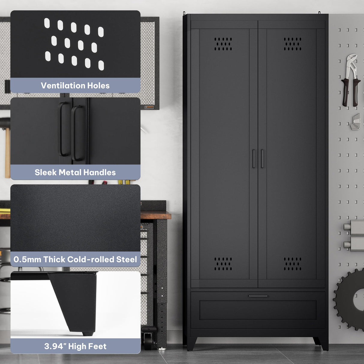 YITAHOME 71" Metal Garage Broom Cabinets with Adjustable Shelves, Vacuum Storage Cabinet with Doors and Drawer, Tool Storage Cabinet for Gym, Basement, Warehouse, Living Room, Black YITAHOME