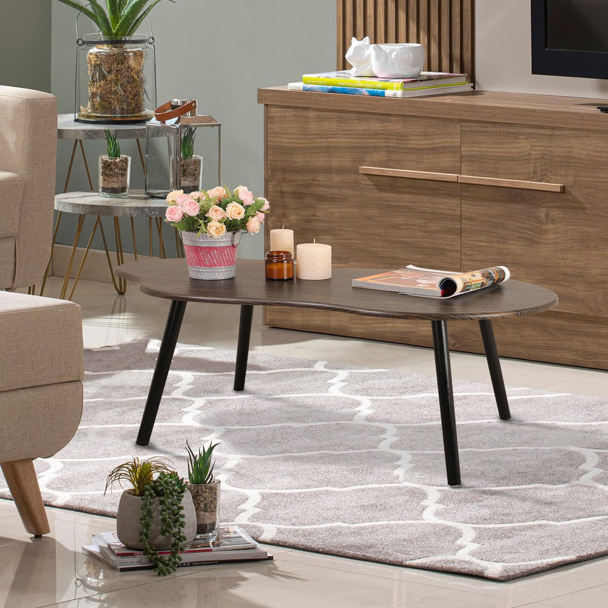 Modern Coffee Tables for Living Room Cloud Shape Center Table Industrial Irregular Wood Grain Table Top Coffee Table, Rustic Brown Unique Furniture for Living Room Home FEUFOAM