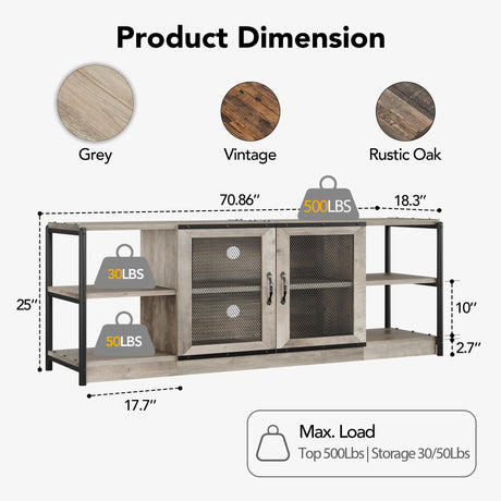 Amyove Farmhouse TV Stand for 75/80 inches TVs, Industrial Entertainment Center with Double Mesh Doors and Storage Cabinet, Rustic TV Cabinet TV Media Console Table for Living Room, Grey Amyove