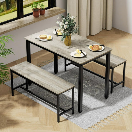 SumKea 3-Piece 4 Bar 2 Dining Benches, 43.3'' Wood Kitchen Table & Chair Set for Breakfast Nook and Small Space, Grey SumKea