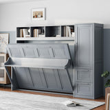 Merax Queen Size Murphy Bed, Wall with Closet and Drawers, Storage Space Saving Muti-Functional Beds Frame for Home Office Guest Room, Gray Merax