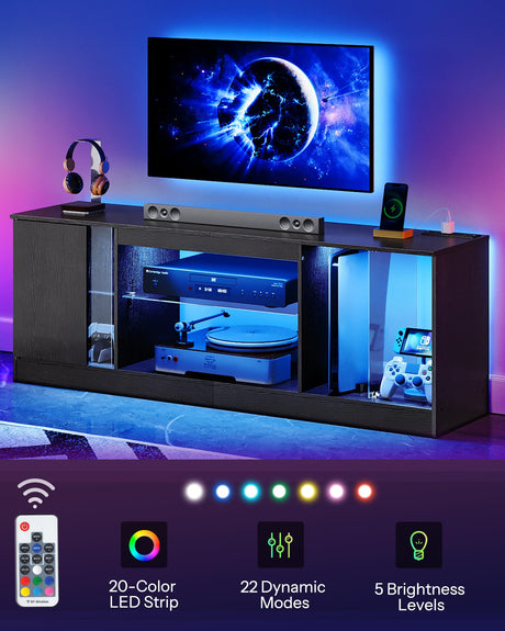 CHOEZON TV Stand with Power Outlets to 55 inch TV, Modern Entertainment Center with Multi-Color LED Light, Media TV Console with Adjustable Glass Shelves for Living Room, Bedroom, Black MDS01UDBB CHOEZON