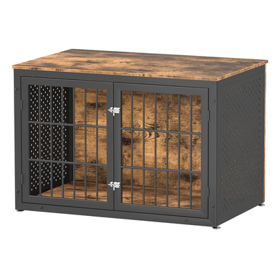rehomerance Rustic Heavy Duty Dog Crate Furniture for Extra Large Dogs, 48" Indestructible Metal Kennel for High Anxiety Dogs, Wooden Cage Kennel Furniture Indoor, Decorative Dog Kennel End Table, XL