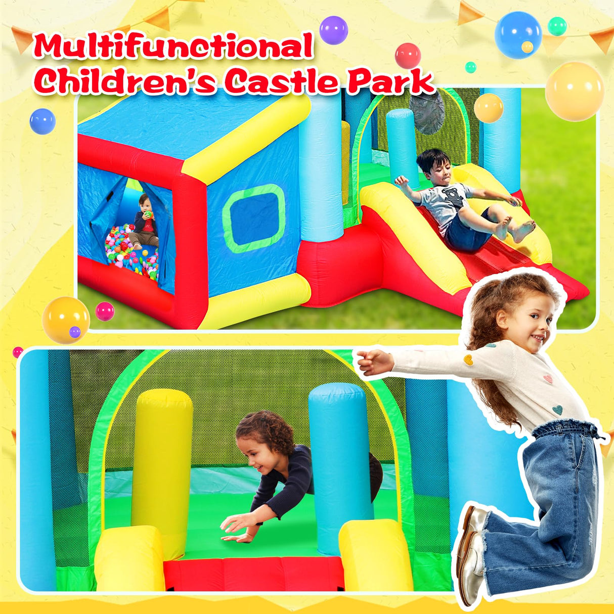 WELLFUNTIME Inflatable Bounce House and Extended Long Water Slide, Jumping Castle Slide with Blower, Kids Bouncer with Ball Pit, Dart Target Game WELLFUNTIME