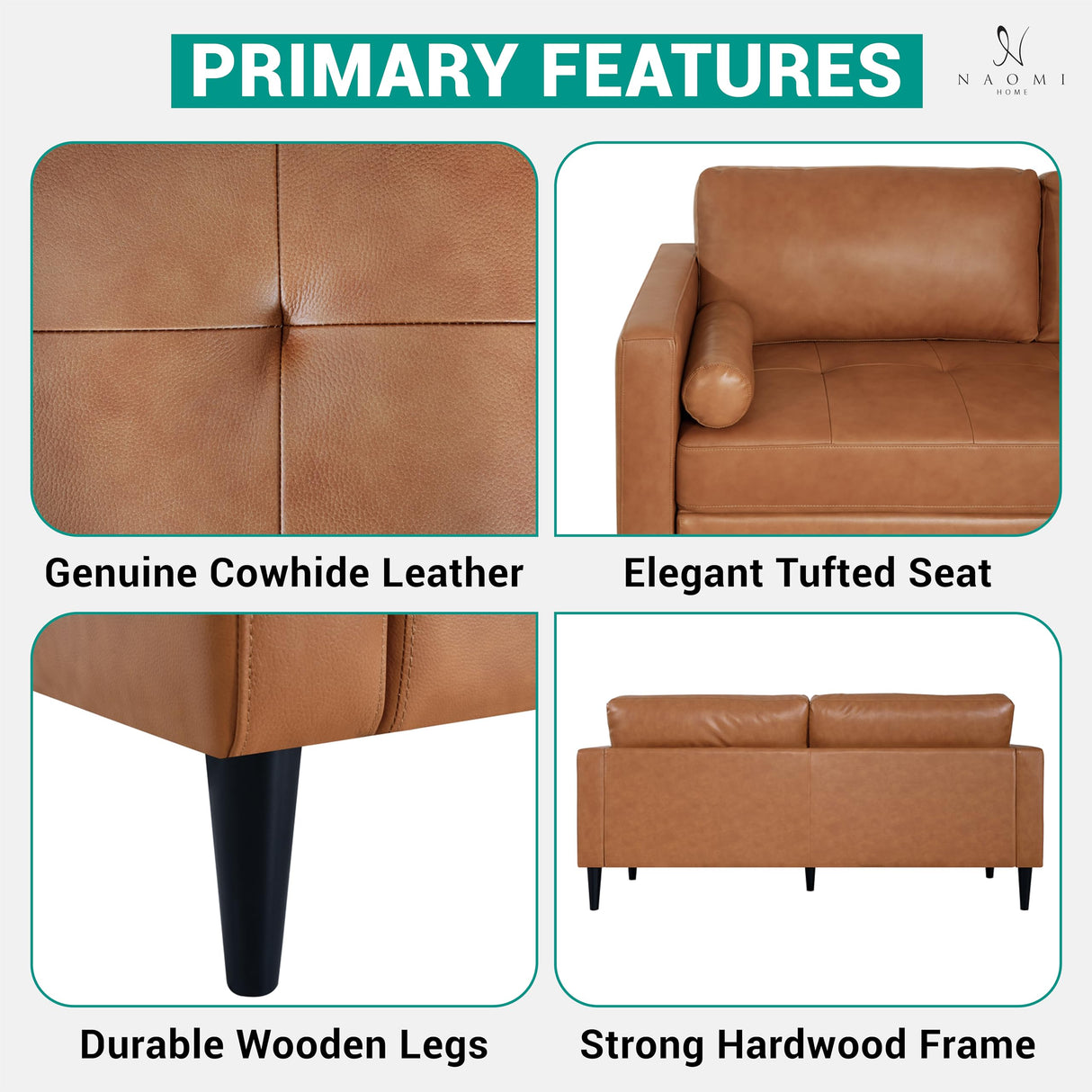 Naomi Home Genuine Leather Sofa - Revel in Exquisite Leather Opulence - Unparalleled Luxury Mid-Century Leather Sofa - Embodiment of Cozy Lounging and Contemporary Design Tan Naomi Home