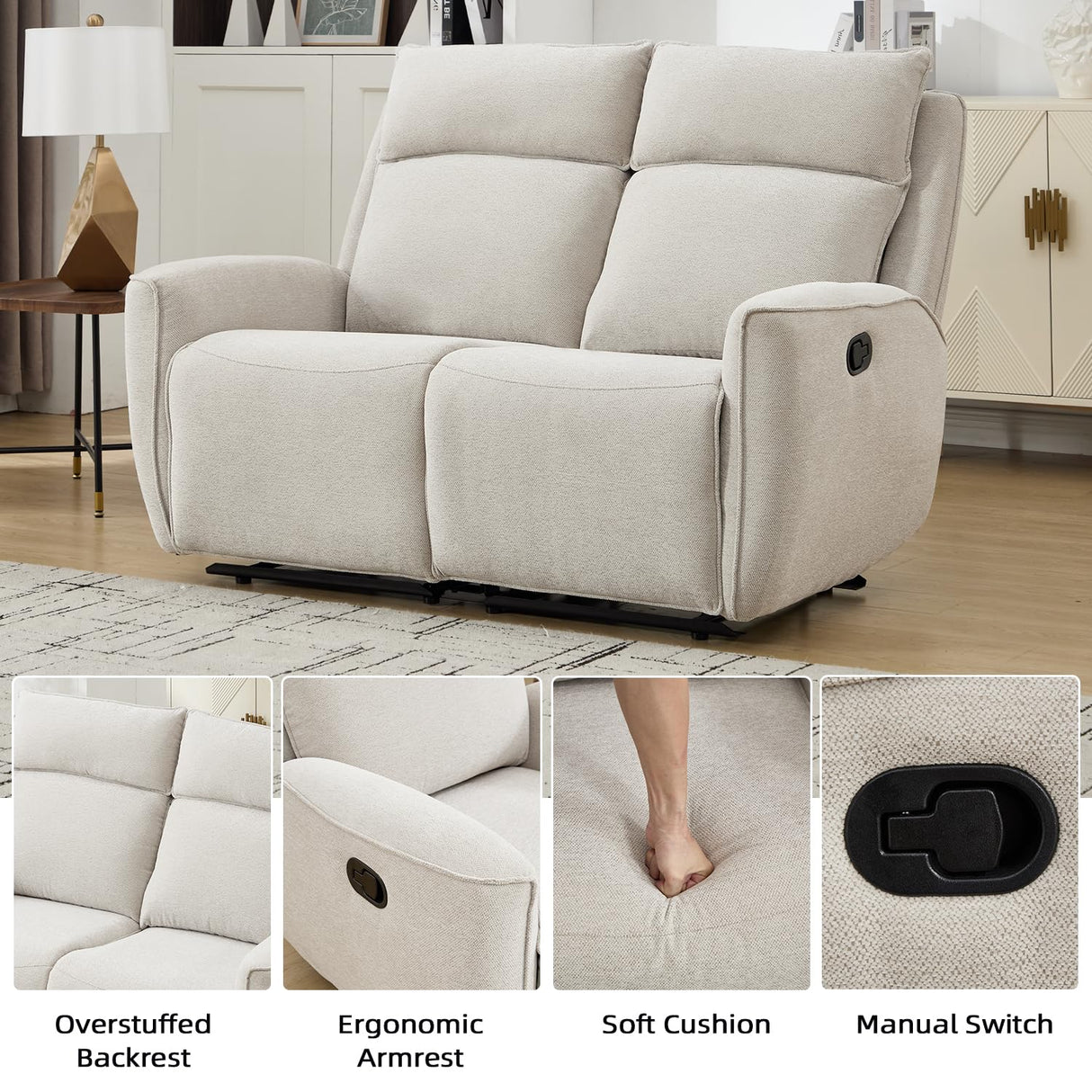INZOY RV Loveseat Recliner Sofa Wall Hugger, Manual 2 Seat Reclining Love Seat RV Couches, Chenille Fabric Reclinable Sofa Set, Double Seater Recliner Chair for Living Room, Office, Apartment, Beige INZOY