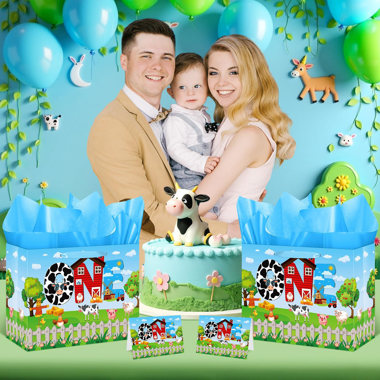 Farm Animals 1st Birthday Decorations Farmhouse Barnyard First Birthday Gift Bag with Tissue Papers Card One Birthday Wrapping Paper Bag for Kids Newborn 1st Birthday Baby Shower Christmas Party Innovoscape