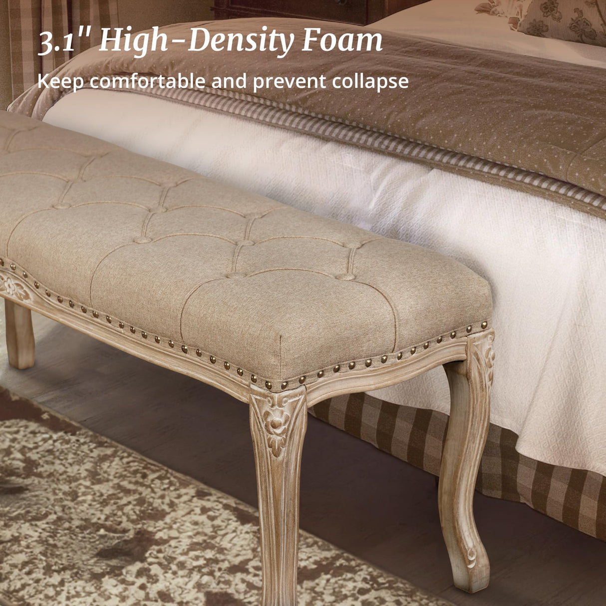 Cozyman Bedroom Bench, French Vintage Tufted Entryway Bench, 45.2" Carving Upholstered End of Bed Bench with Distressed Wood Legs, Linen Ottoman Seat for Living Room, Foyer, Dining Room, Wheat Cozyman