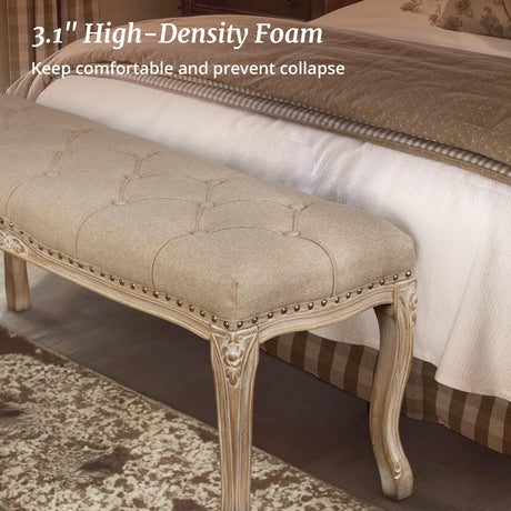 Cozyman Bedroom Bench, French Vintage Tufted Entryway Bench, 45.2" Carving Upholstered End of Bed Bench with Distressed Wood Legs, Linen Ottoman Seat for Living Room, Foyer, Dining Room, Wheat Cozyman