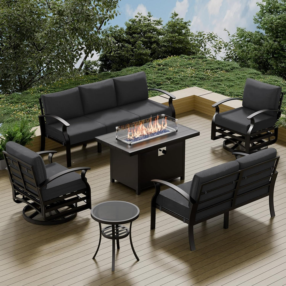 RTDTD Aluminum Patio Furniture Set with Fire Pit Table, 7 Seats Patio Outdoor Conversation Set with Swivel Chair Modern Metal Patio Sectional Sofas with Upgrade Cushions for Patio, Backyard (Grey) RTDTD