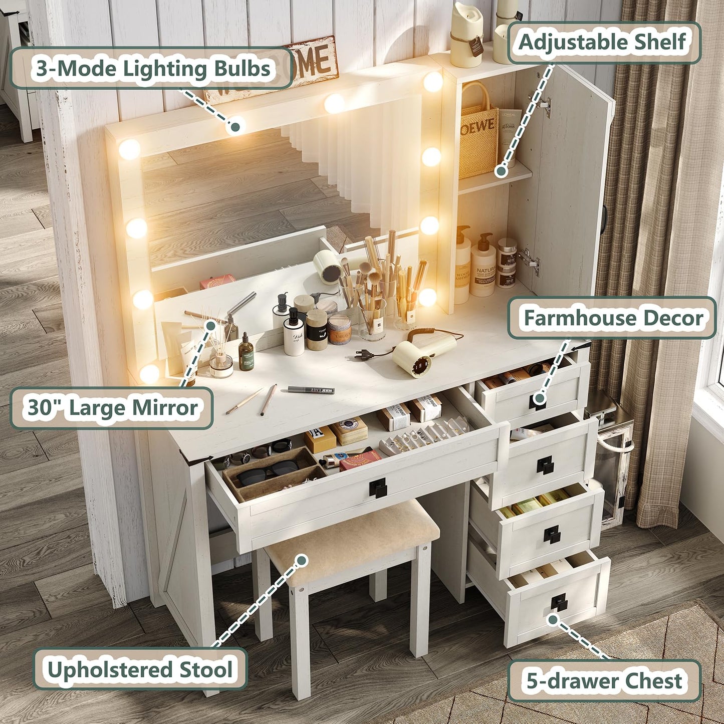 Furniouse Makeup Vanity Desk with Mirror and Lights, 42" Large Vanity with Cabinet Storage and 5 Drawers,Farmhouse Vanity Table Set for Bedroom White, Stool Included - WoodArtSupply