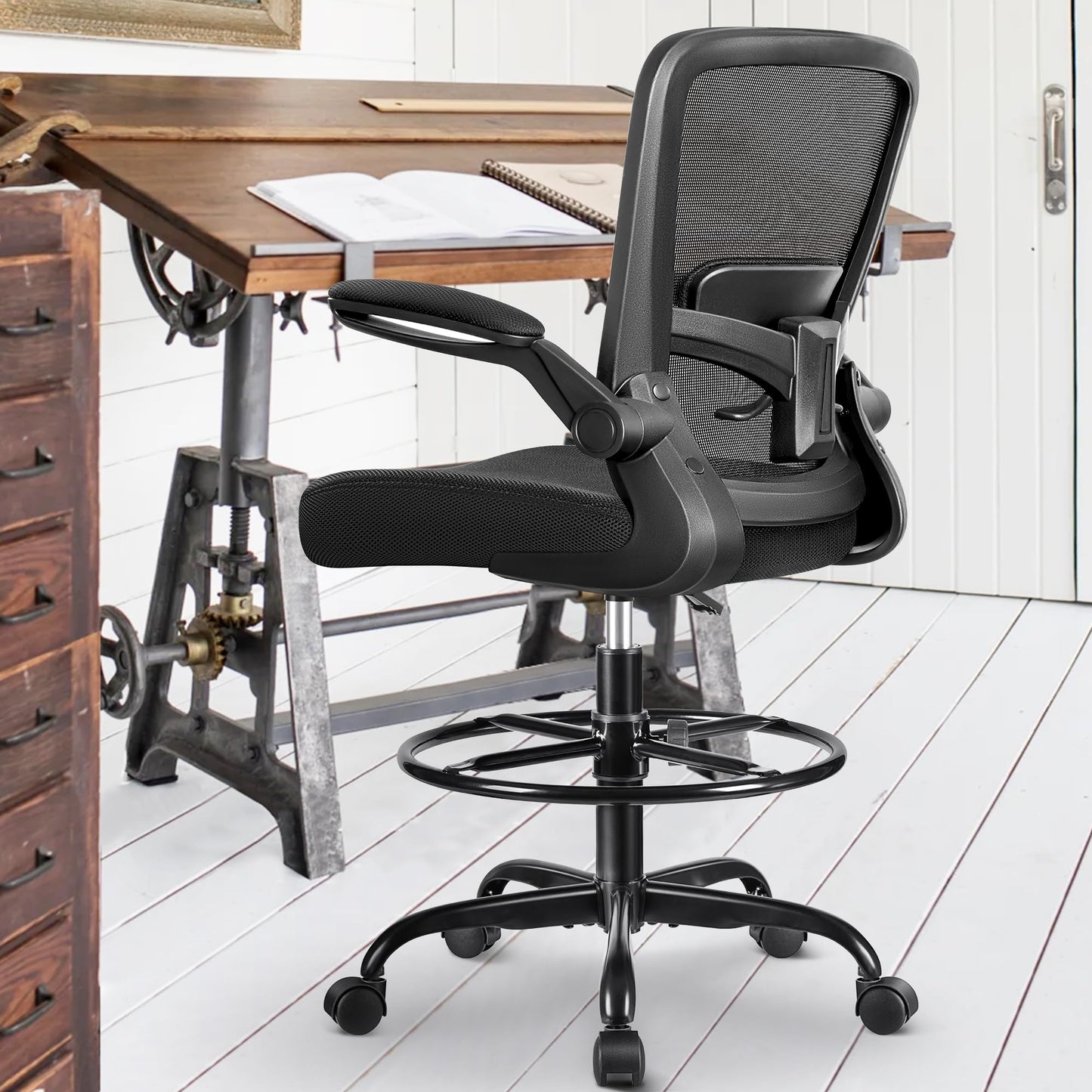 FelixKing Drafting Chair Ergonomic Tall Office Chair, Breathable Mesh Chair with Adjustable Footrest Ring Lumbar Support Flip-up Armrests, High Back Executive Comfy Task Computer Chair for Home Office