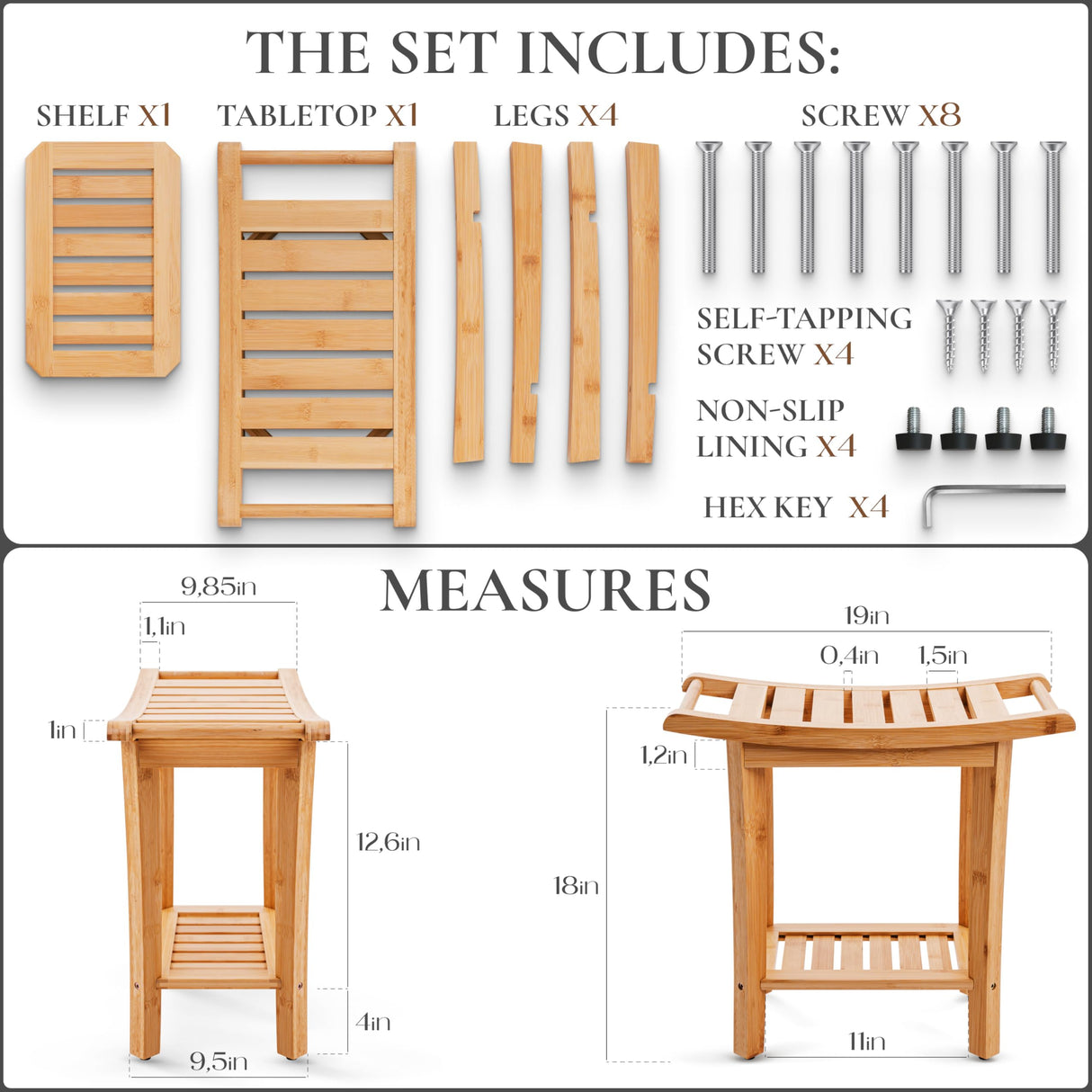 Bamboo Shower Bench with Handles and Shelf – Waterproof Stool for Inside Shower, Bathroom Foot Rest, Shaving Seat, Bamboo Shower Chair for Adults Teak shower bench