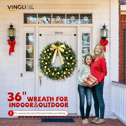 VINGLI 36 Inch Prelit Christmas Wreath, Lighted Christmas Wreath for Front Door, Window, Fireplaces, Indoor Decorate, with 100 LED Lights, 350 Tips, Bow, Pine Cones, Gold Ornaments (Plug-in)