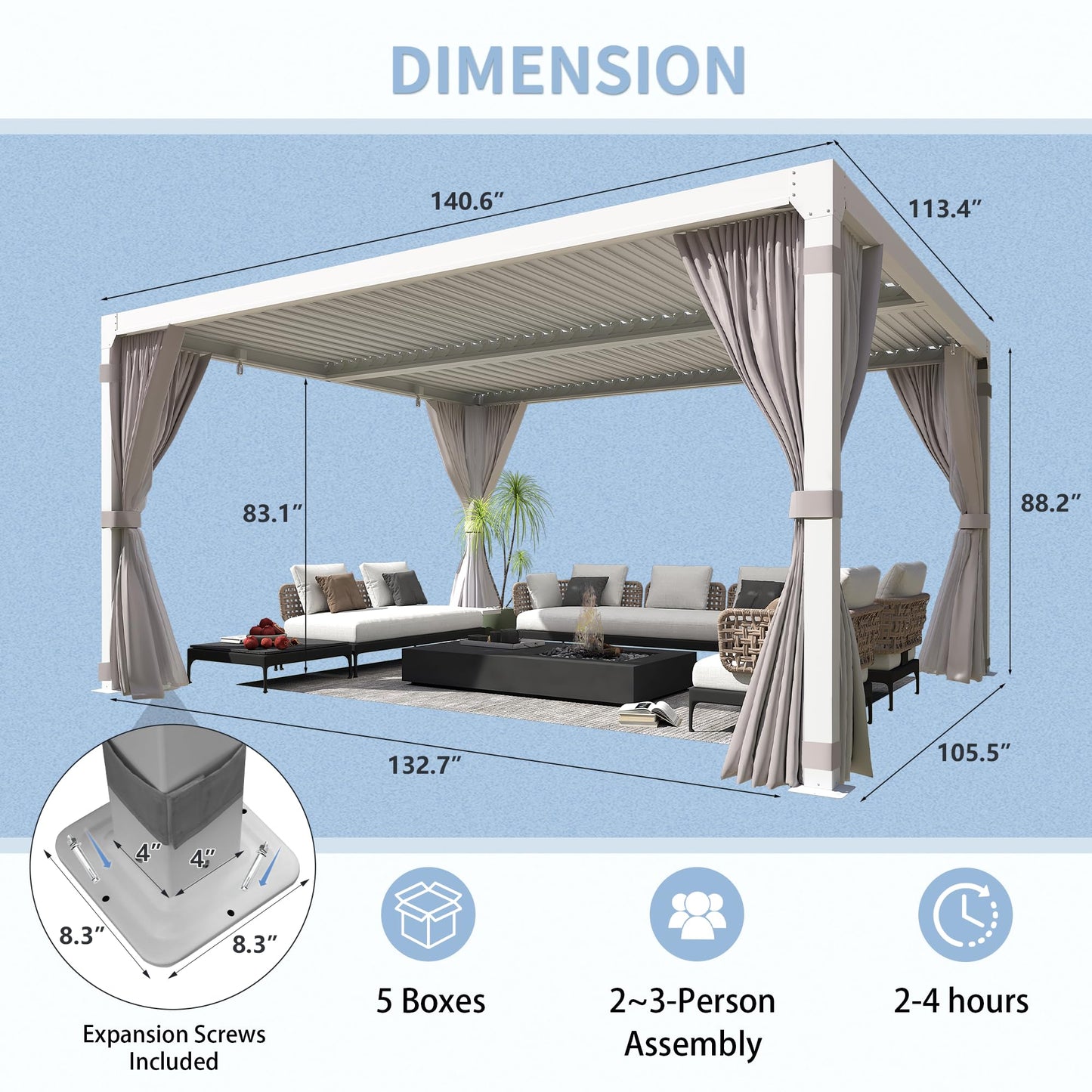 YOLENY Louvered Pergola 10x12, All Aluminum Pergola with Adjustable Rainproof Roof, Outdoor Pergola with Curtains and Nets for Patio & Garden, White