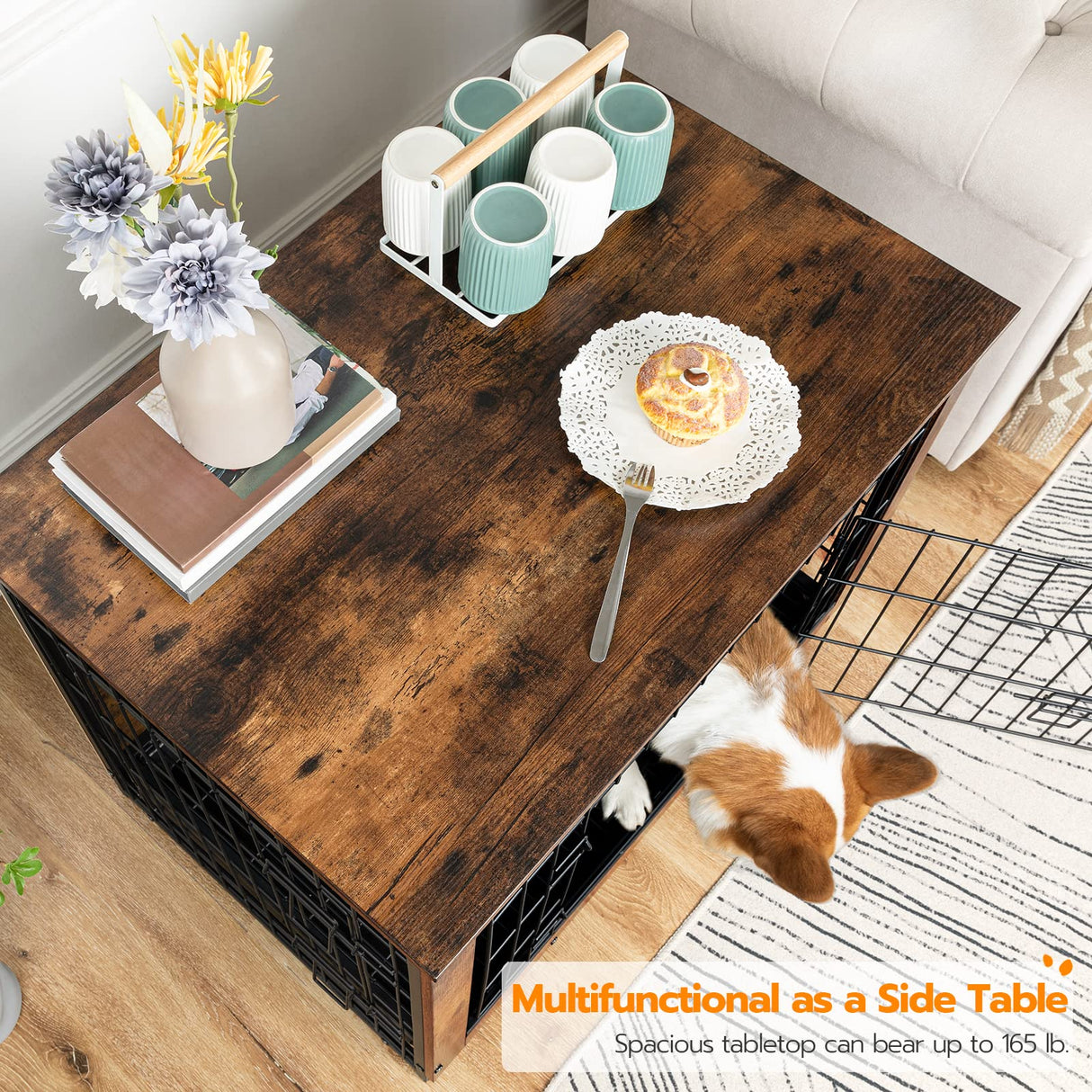 HOOBRO Dog Crate Furniture, Indoor Dog Kennel, Wooden Dog Furniture with Pull-Out Tray, Double Doors Dog House, Modern Side End Table for Medium/Large/Small Dog, 32.5" L, Rustic Brown BF802GW03G1 HOOBRO