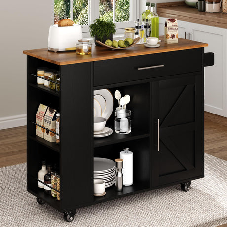 4 EVER WINNER Rolling Kitchen Island with Storage, Farmhouse Kitchen Island Cart with Spice Rack & Towel Rack, Drawer and Storage Cabient, Island Table for Kitchen, Black 4 EVER WINNER