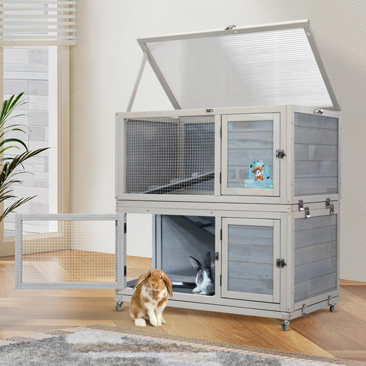 2 Story Wooden Rabbit Hutch, Weatherproof Indoor Outdoor Bunny Cage Rabbit House with Wheels, Pull Out Tray, Non-Slip Ramp, Wooden Chicken Coop, Pet House for Rabbits and Guinea Pigs, Grey